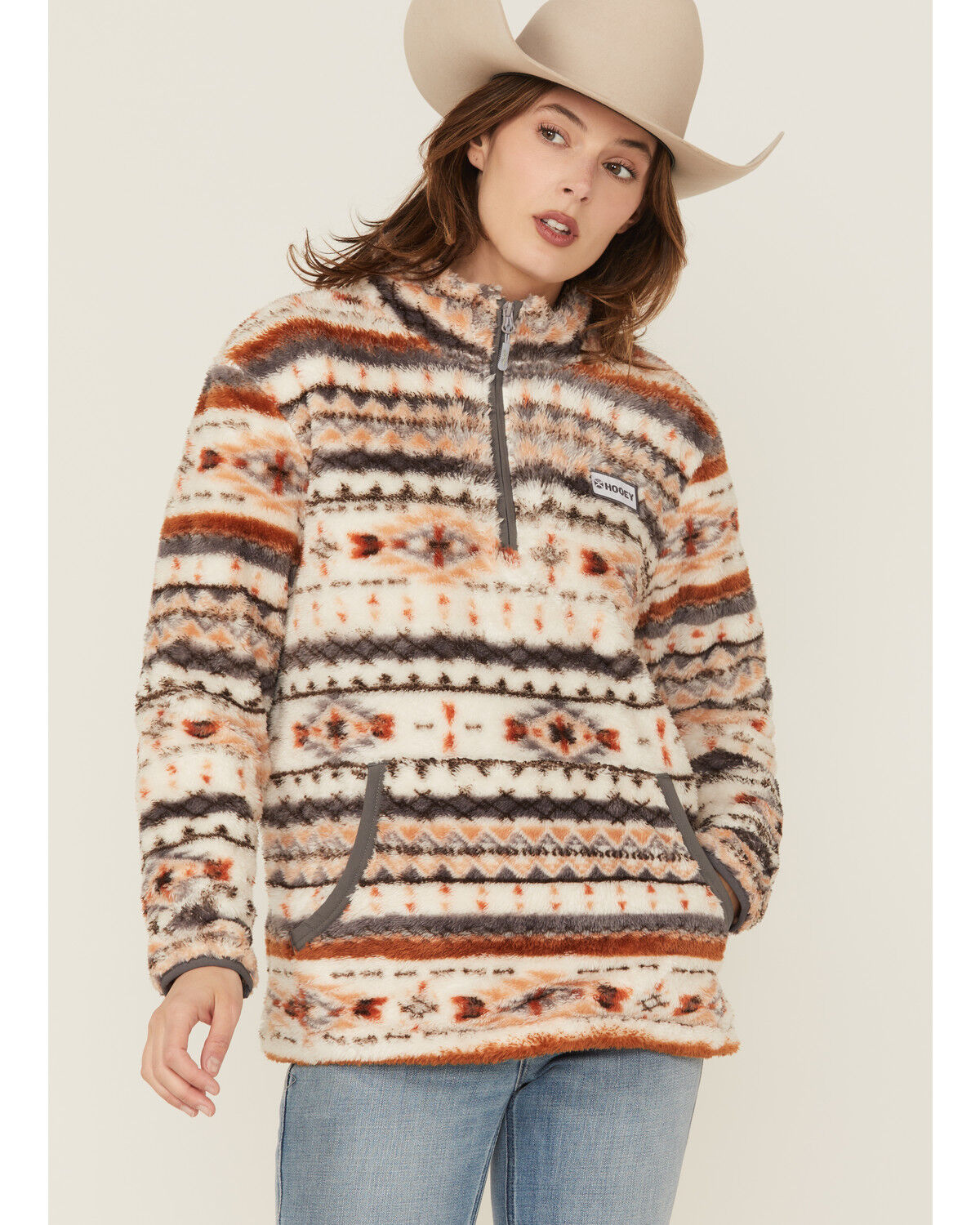 Image #1 - Hooey Women's Boot Barn Exclusive Southwestern Print 1/2 Zip Fleece Pullover, Ivory, hi-res
