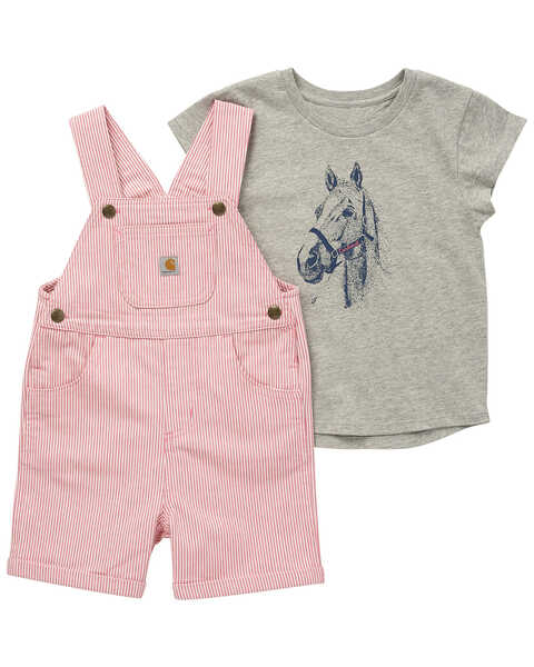 Image #1 - Carhartt Women's Short Sleeve T-Shirt and Striped Overall Set, Medium Pink, hi-res