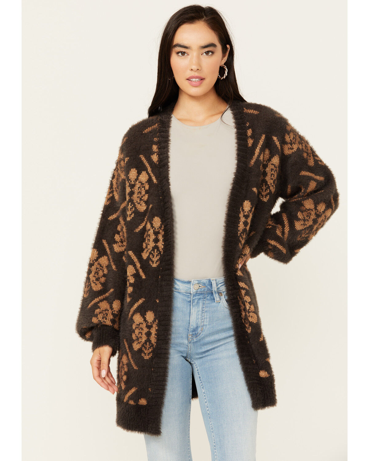 Image #1 - Room 34 Women's Floral Print Jacquard Cardigan, Charcoal, hi-res