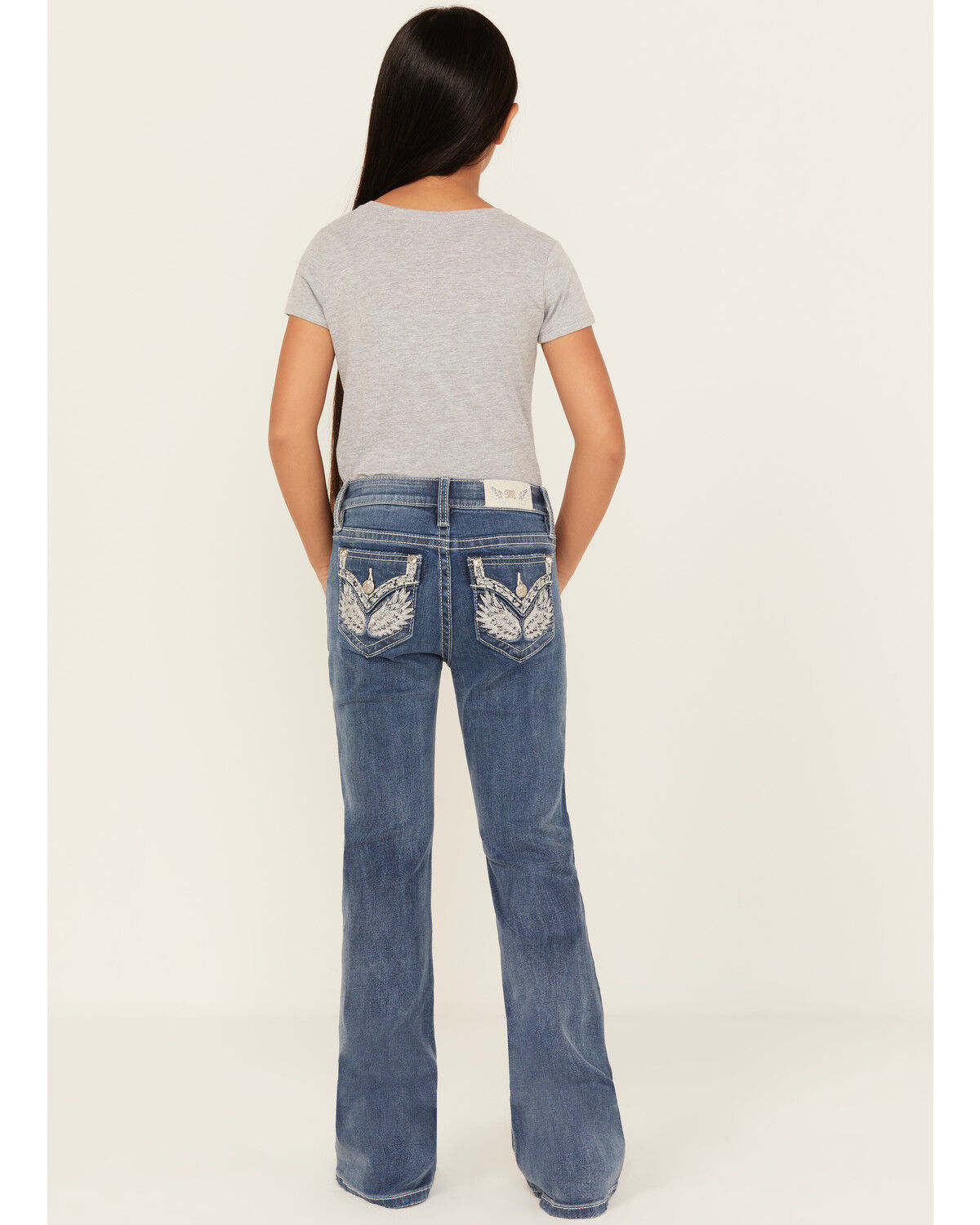 Image #1 - Miss Me Girls' Light Wash Wing Pocket Bootcut Stretch Denim Jeans, Blue, hi-res