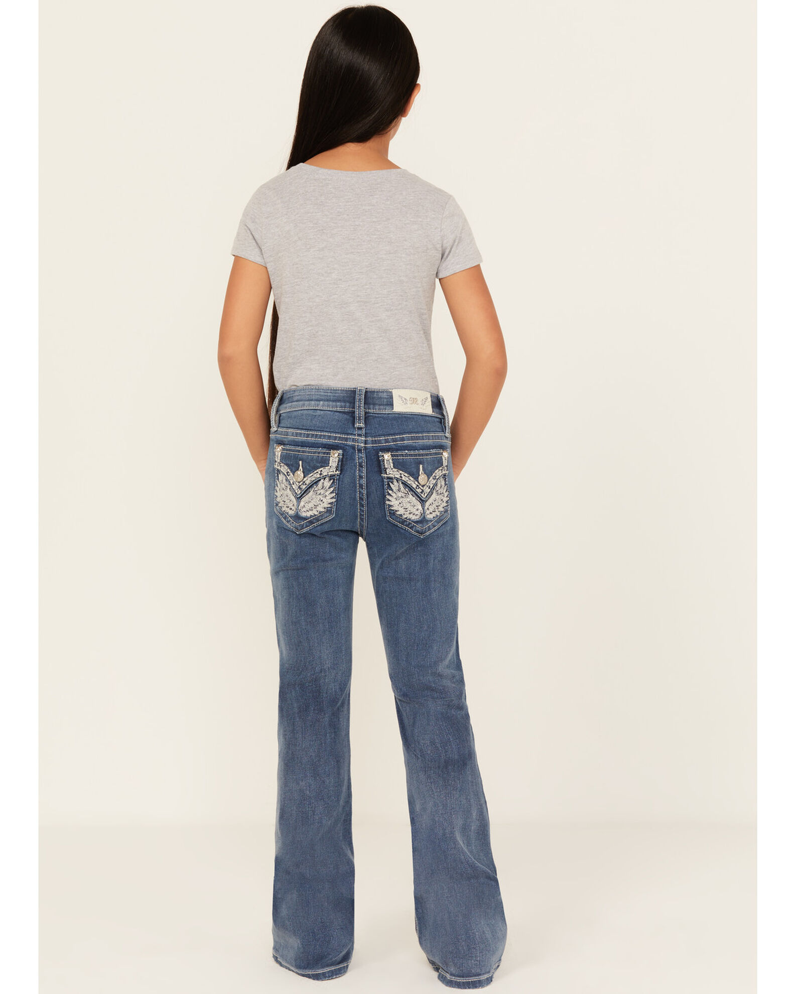 Image #1 - Miss Me Girls' Light Wash Wing Pocket Bootcut Stretch Denim Jeans, Blue, hi-res