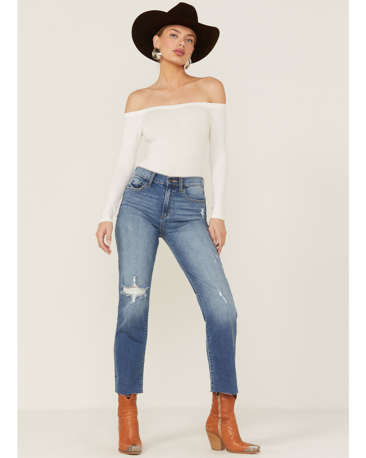Image #1 - Sneak Peek Women's Medium Dark Wash High Rise Distressed Knee Straight Jean, Blue, hi-res