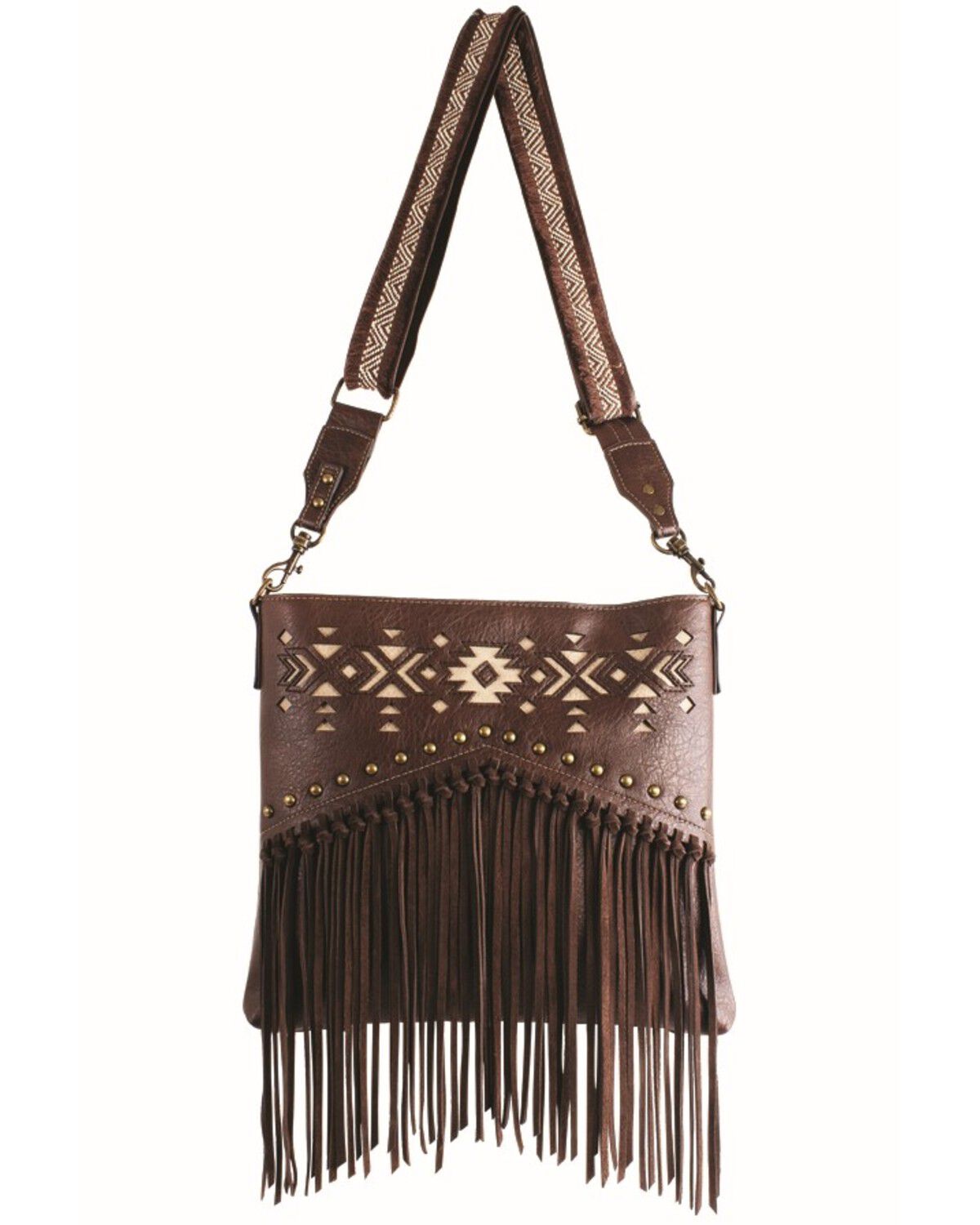 Justin Women's Southwestern Inlay Fringe Purse, Brown, hi-res