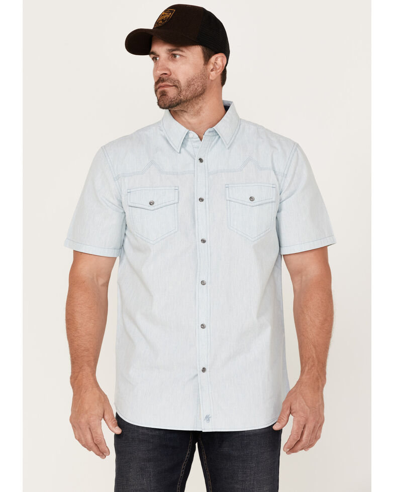 Moonshine Spirit Men's Side Stage Solid Short Sleeve Snap Western Shirt , Light Blue, hi-res