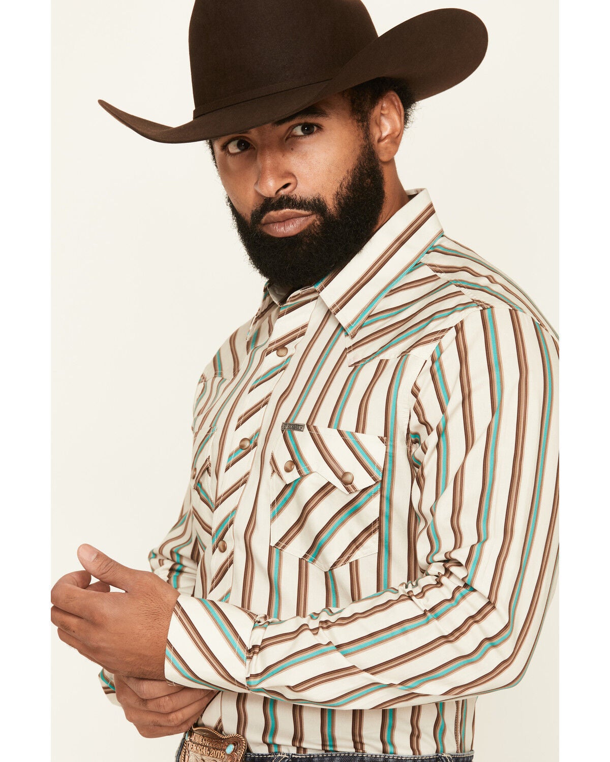 Image #2 - Rock & Roll Denim Men's Striped Long Sleeve Snap Stretch Western Shirt, Cream, hi-res