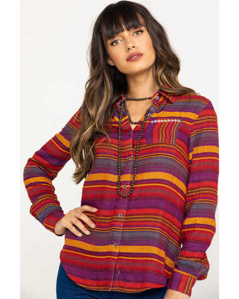 Image #1 - Rock & Roll Denim Women's Rust Serape Stripe Southwestern Embroidered Long Sleeve Western Shirt , Multi, hi-res