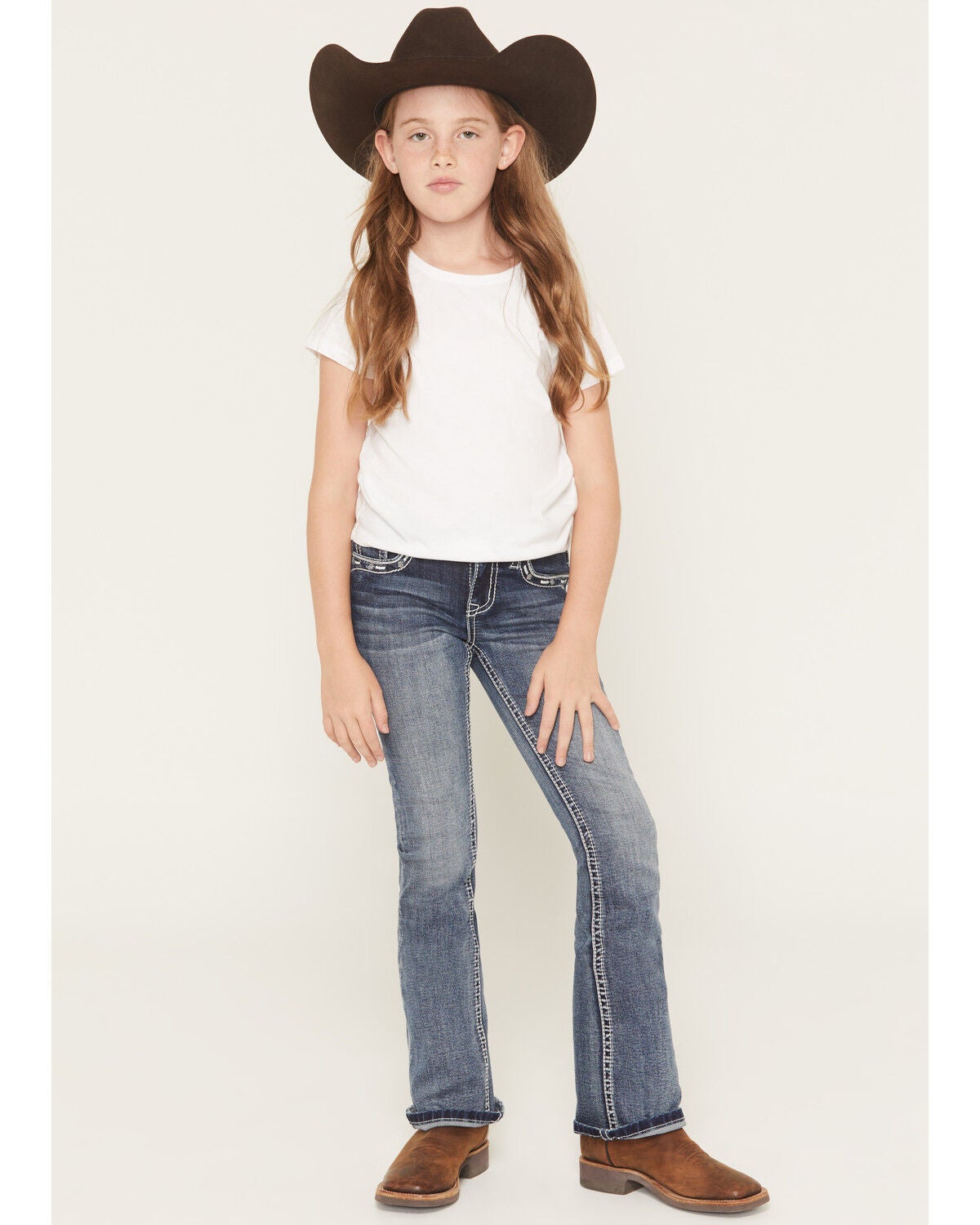Image #3 - Grace in LA Girls' Floral Horseshoe Embroidered Bootcut Stretch Denim Jeans, Dark Wash, hi-res