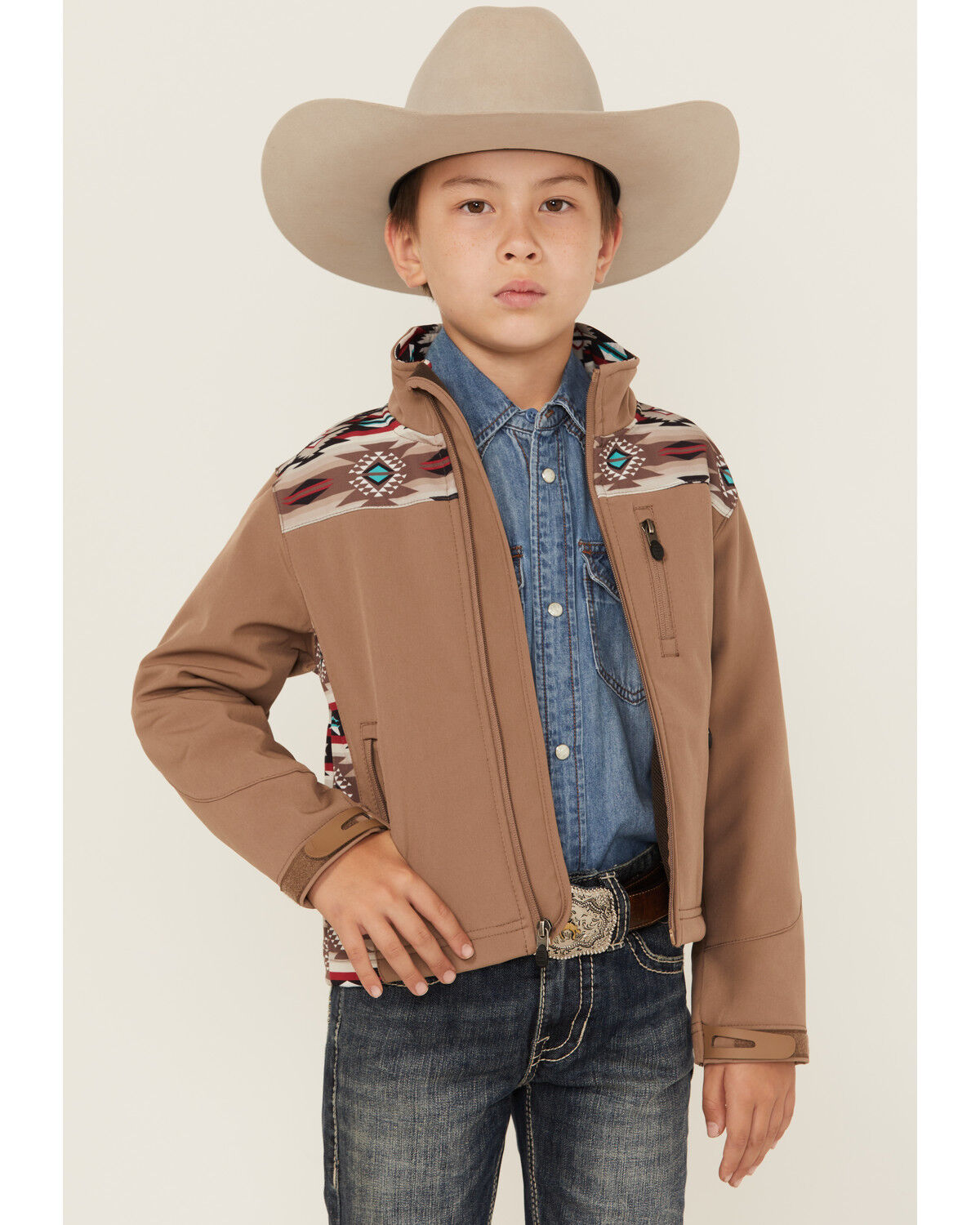 Image #1 - Rodeo Clothing Boys' Southwestern Print Softshell Jacket, Tan, hi-res