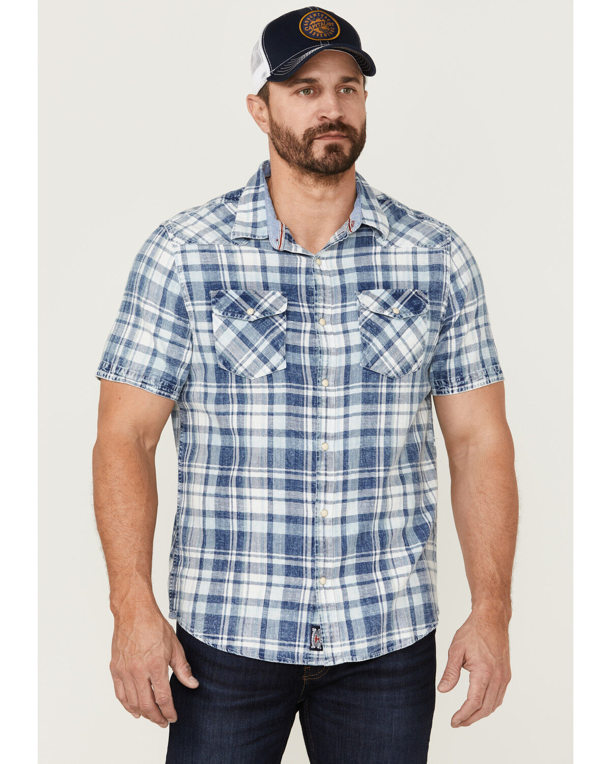 Image #1 - Flag & Anthem Men's Bartlett Vintage Plaid Short Sleeve Snap Western Shirt, Indigo, hi-res