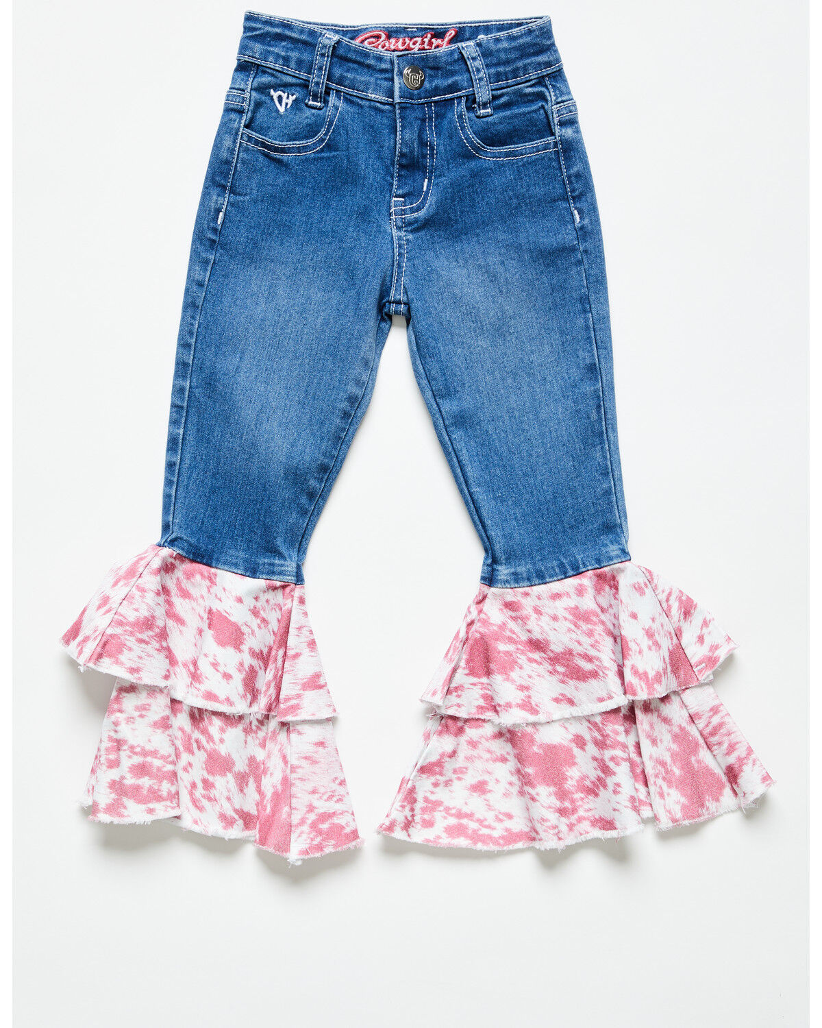 Image #1 - Cowgirl Hardware Toddler Girls' Cowhide Print Ruffle Stretch Flare Jeans, Multi, hi-res