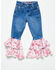Image #1 - Cowgirl Hardware Toddler Girls' Cowhide Print Ruffle Stretch Flare Jeans, Multi, hi-res