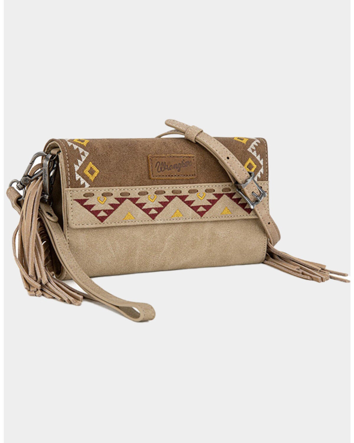 Image #1 - Wrangler Women's Southwestern Print Fringe Crossbody Wristlet, Lt Brown, hi-res