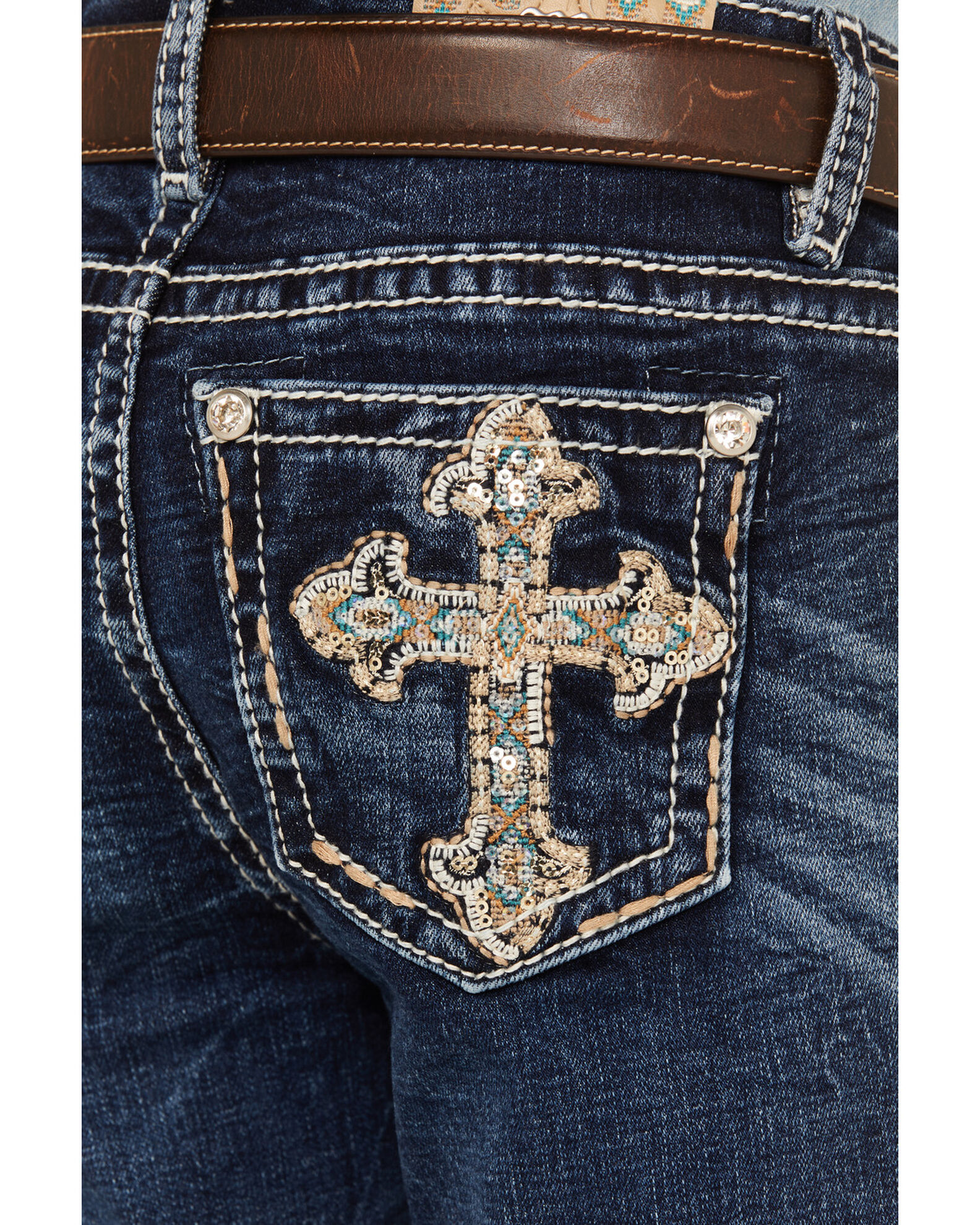 Image #4 - Miss Me Girls' Medium Wash Cross Embroidered Stretch Bootcut Jeans, Dark Blue, hi-res