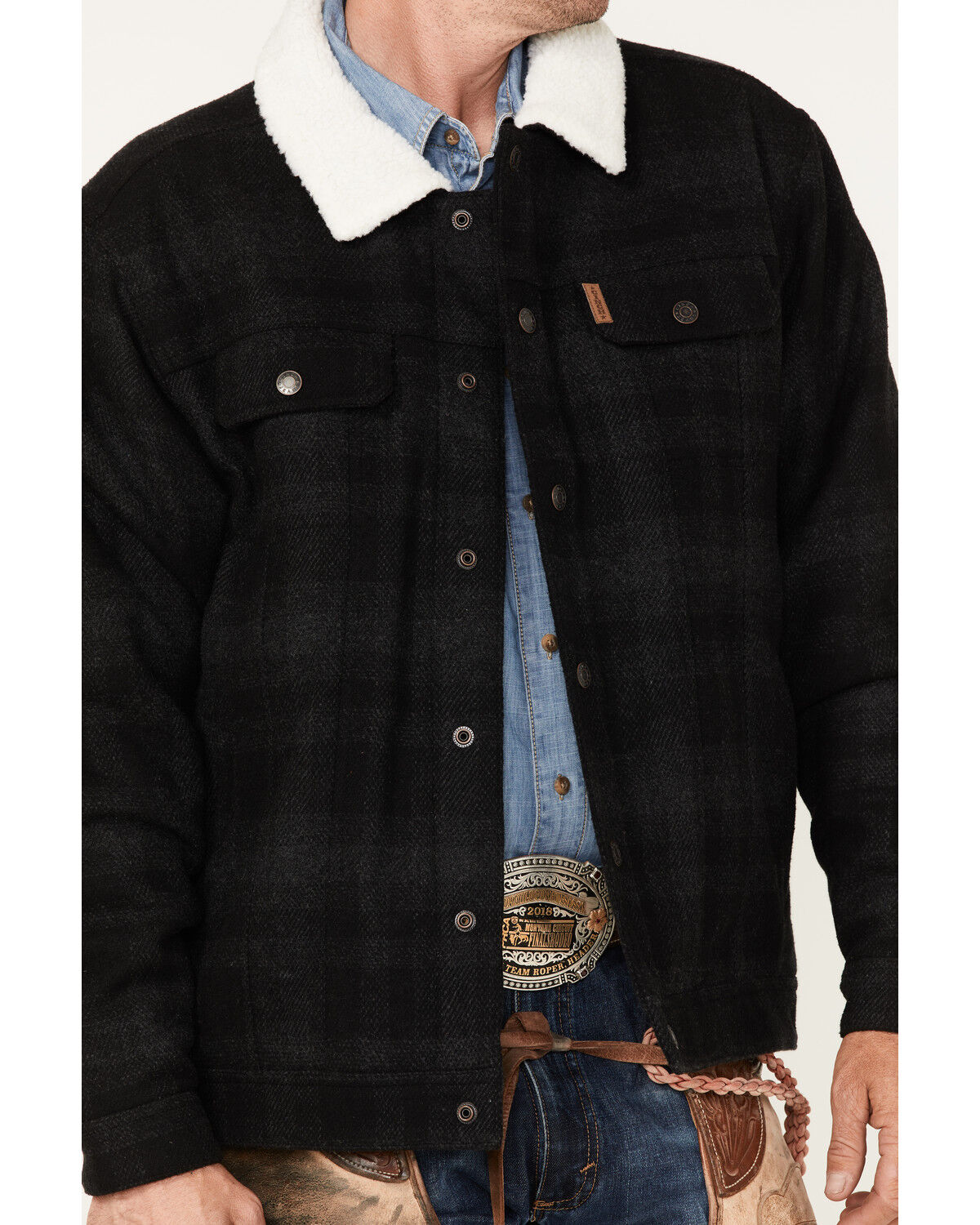Image #4 - Cinch Men's Solid Sherpa-Lined CC Snap Wool Trucker Jacket, Black, hi-res