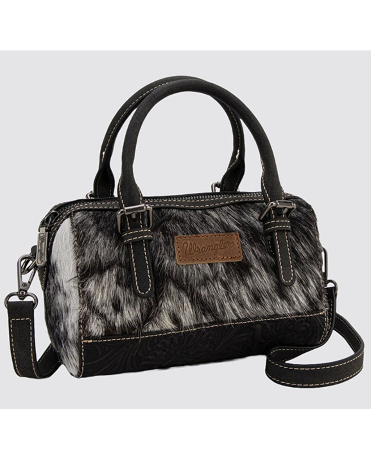 Image #4 - Wrangler Women's Genuine Cowhide Tooled Barrel Crossbody Bag, Black, hi-res