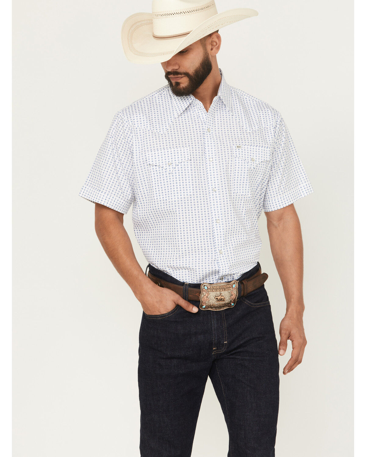 Image #1 - Ely Walker Men's Geo Print Short Sleeve Snap Western Shirt, White, hi-res