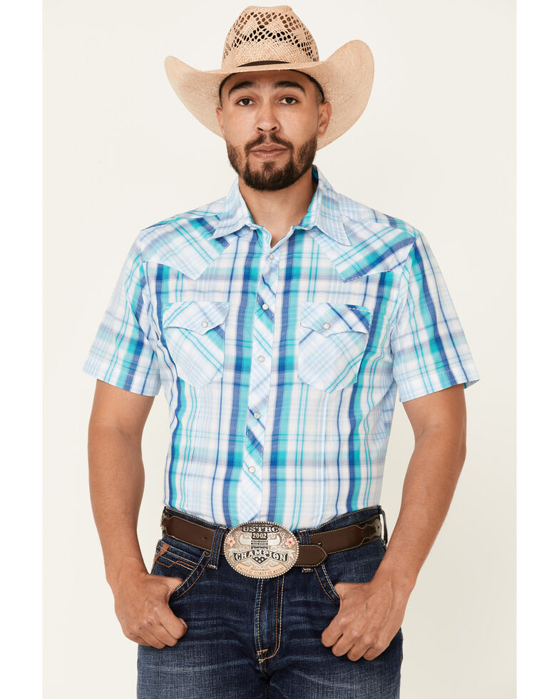 Wrangler Men's Large Plaid Short Sleeve Snap Fashion Western Shirt , Blue, hi-res