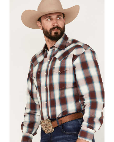Image #2 - Stetson Men's Fancy Dobby Plaid Print Long Sleeve Snap Western Shirt, Wine, hi-res
