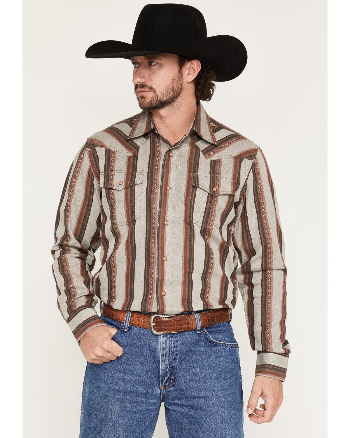 Image #1 - Wrangler Retro Men's Striped Print Long Sleeve Snap Western Shirt - Tall, Rust Copper, hi-res