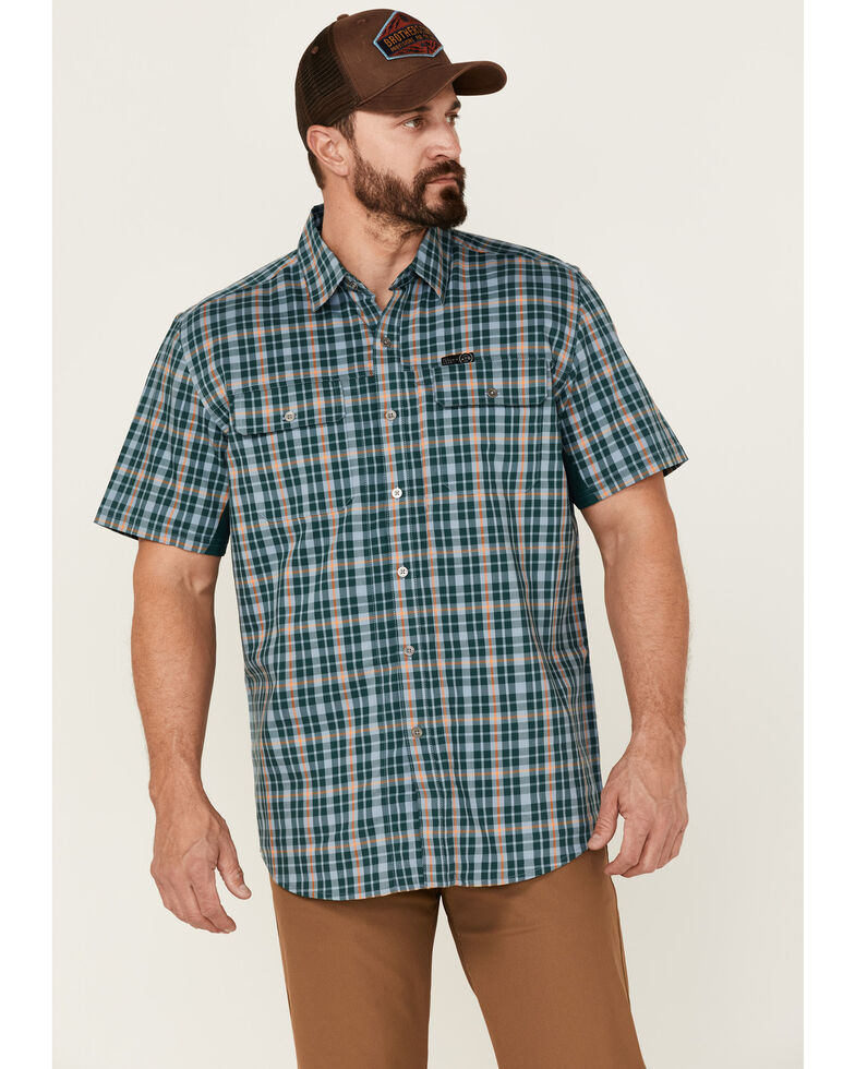 Wrangler ATG Men's All-Terrian Mix Material Small Plaid Short Sleeve Button-Down Western Shirt , Navy, hi-res