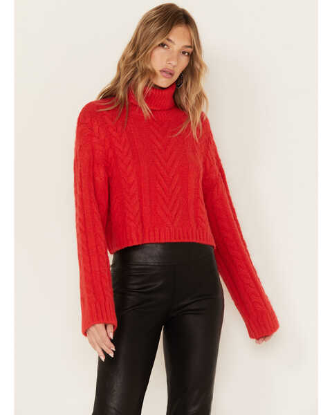 Revel Women's Cable Knit Turtleneck Sweater, Red, hi-res
