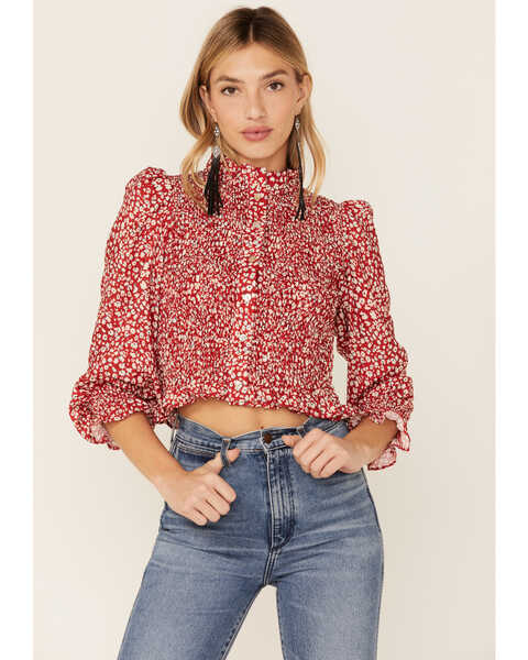 Beyond The Radar Women's Ditsy Smocked Button Down Blouse, Red, hi-res