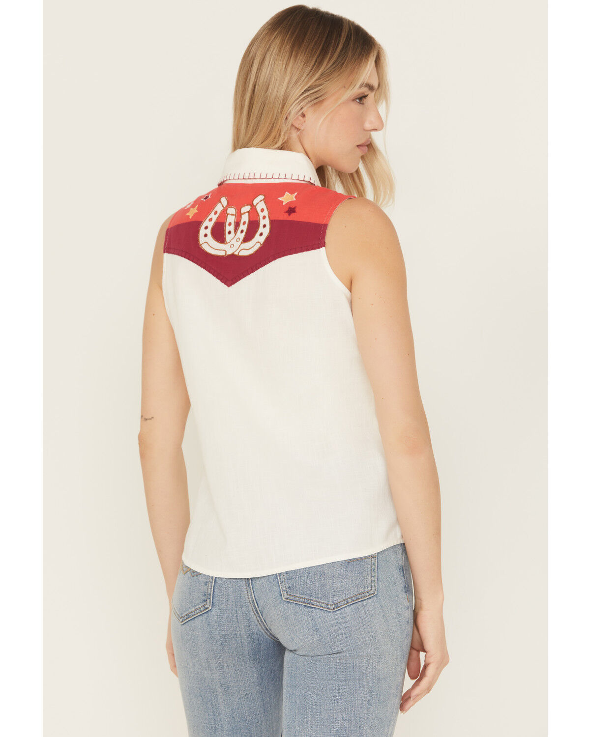 Image #5 - Idyllwind Women's Plainweave Contrast Yoke Sleeveless Snap Western Shirt, Ivory, hi-res