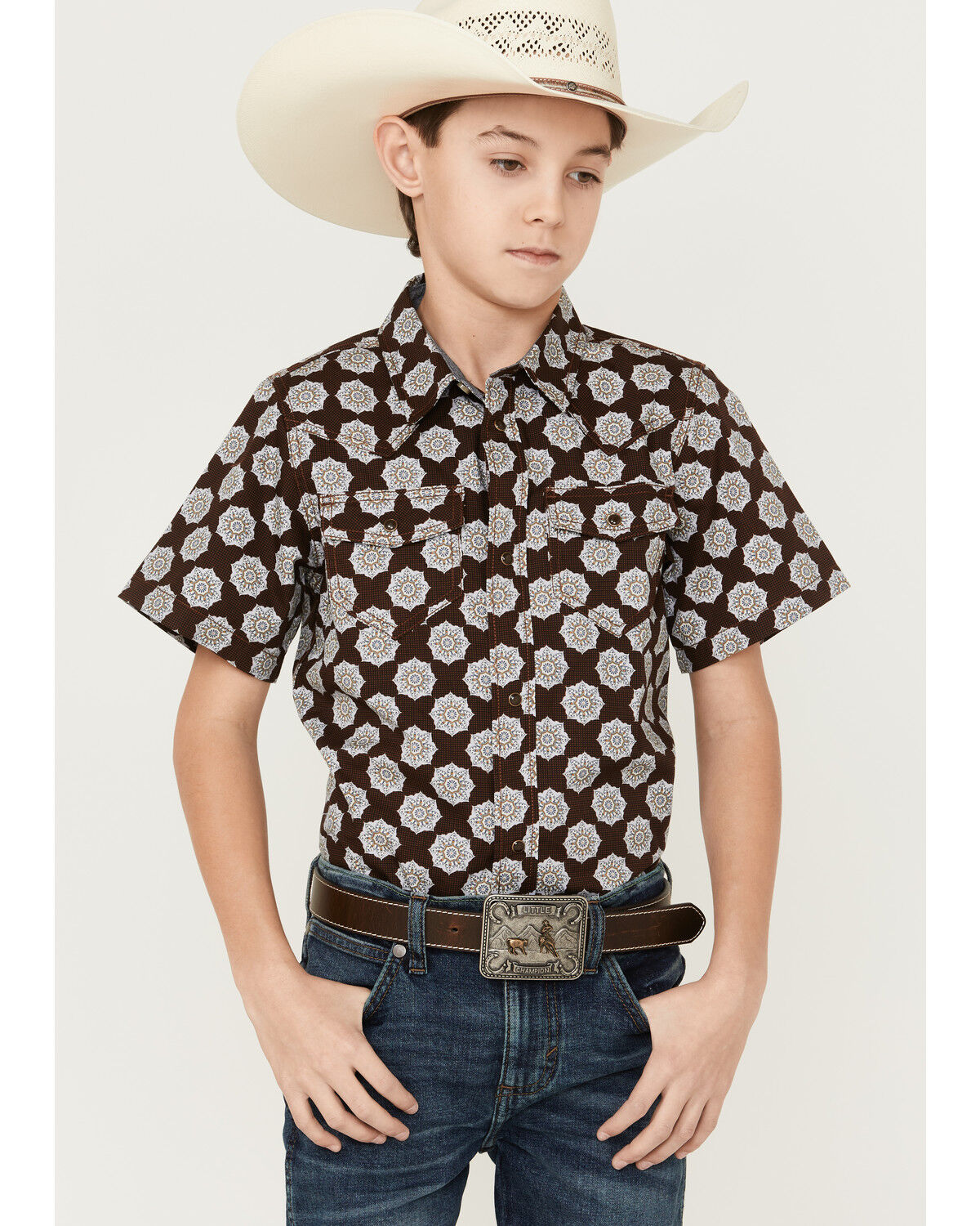 Image #1 - Cody James Boys' Medallion Print Short Sleeve Snap Western Shirt, Multi, hi-res