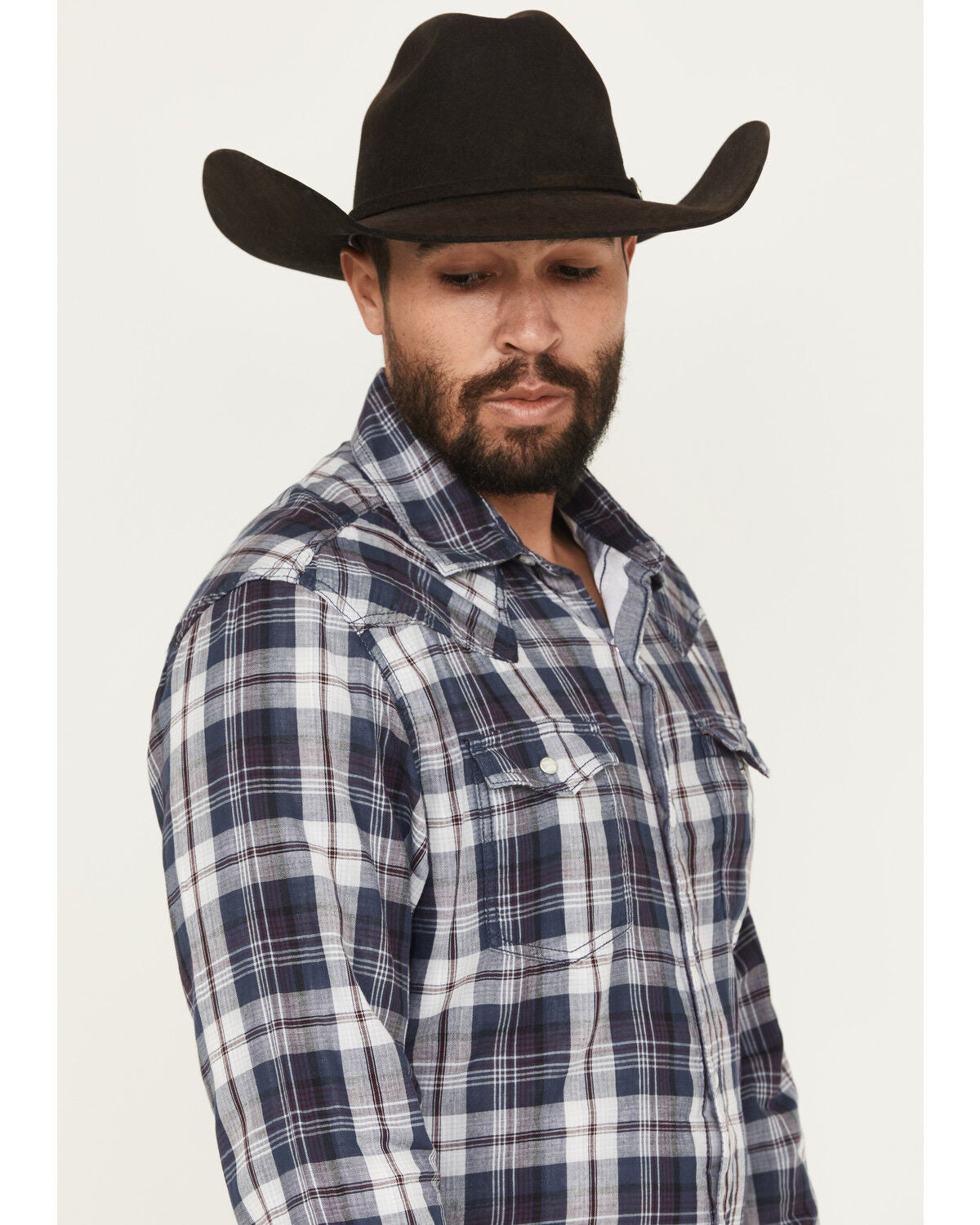Image #2 - Wrangler Retro Men's Plaid Print Long Sleeve Snap Western Shirt, Dark Blue, hi-res