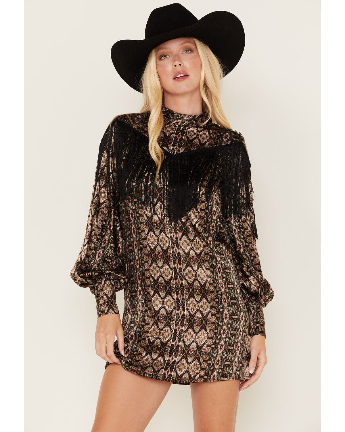 Shyanne Women's Long Sleeve Satin Fringe Mode Mini Dress, Black, hi-res
