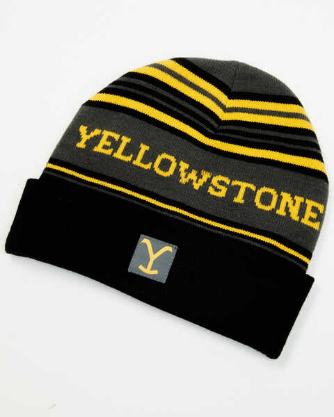 Image #1 - Changes Men's Striped Yellowstone Dutton Ranch Patch Work Beanie , Black, hi-res