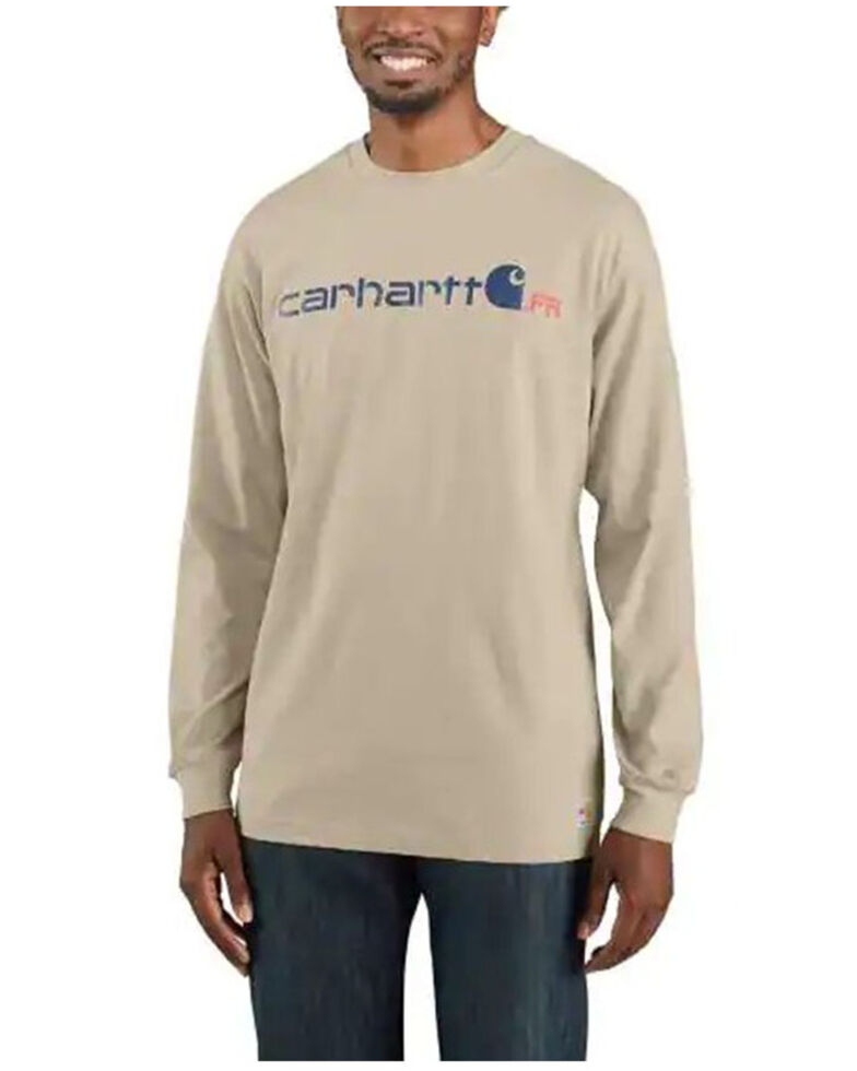 Carhartt Men's Light Khaki FR Force Midweight Logo Long Sleeve Work T-Shirt , Lt Brown, hi-res