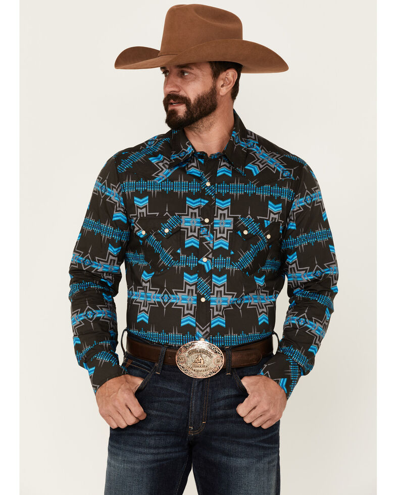 Rock & Roll Denim Men's Teal Southwestern Print Long Sleeve Snap Western Shirt , Teal, hi-res