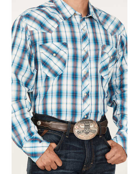 Roper Men's Large Plaid Print Long Sleeve Snap Western Shirt, Blue, hi-res