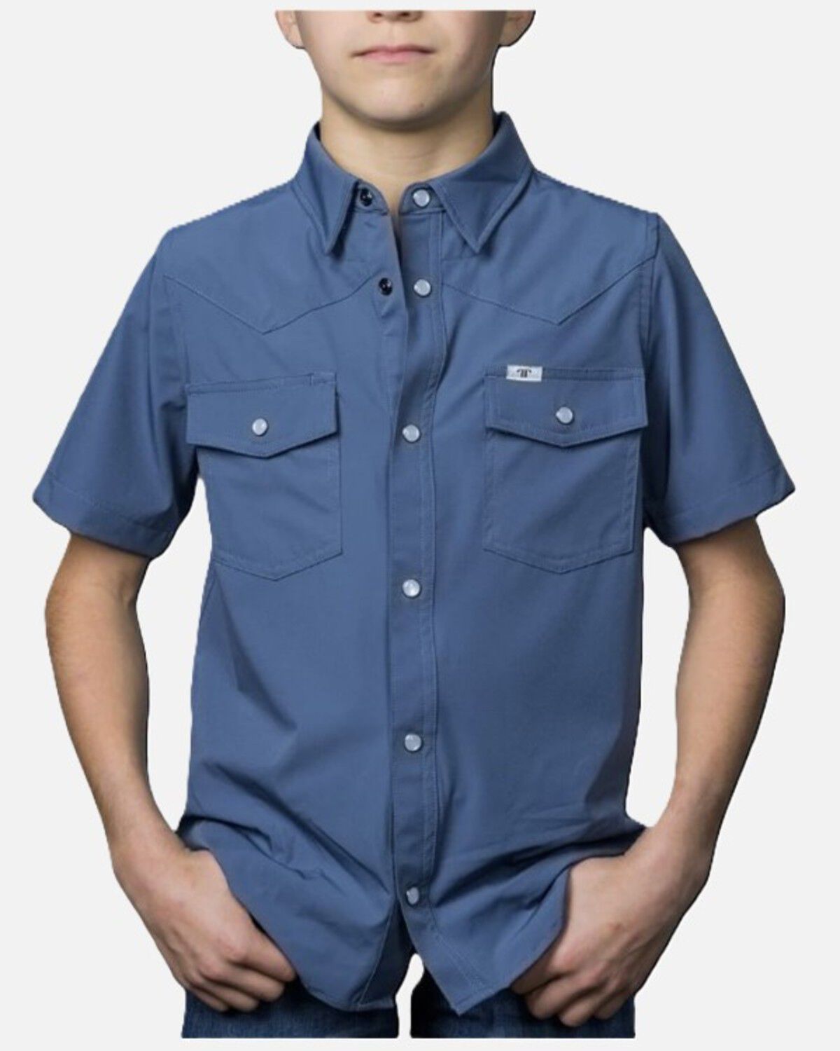 Image #1 - Ferrell Boys' Core Tek Solid Short Sleeve Pearl Snap Performance Western Shirt, Blue, hi-res