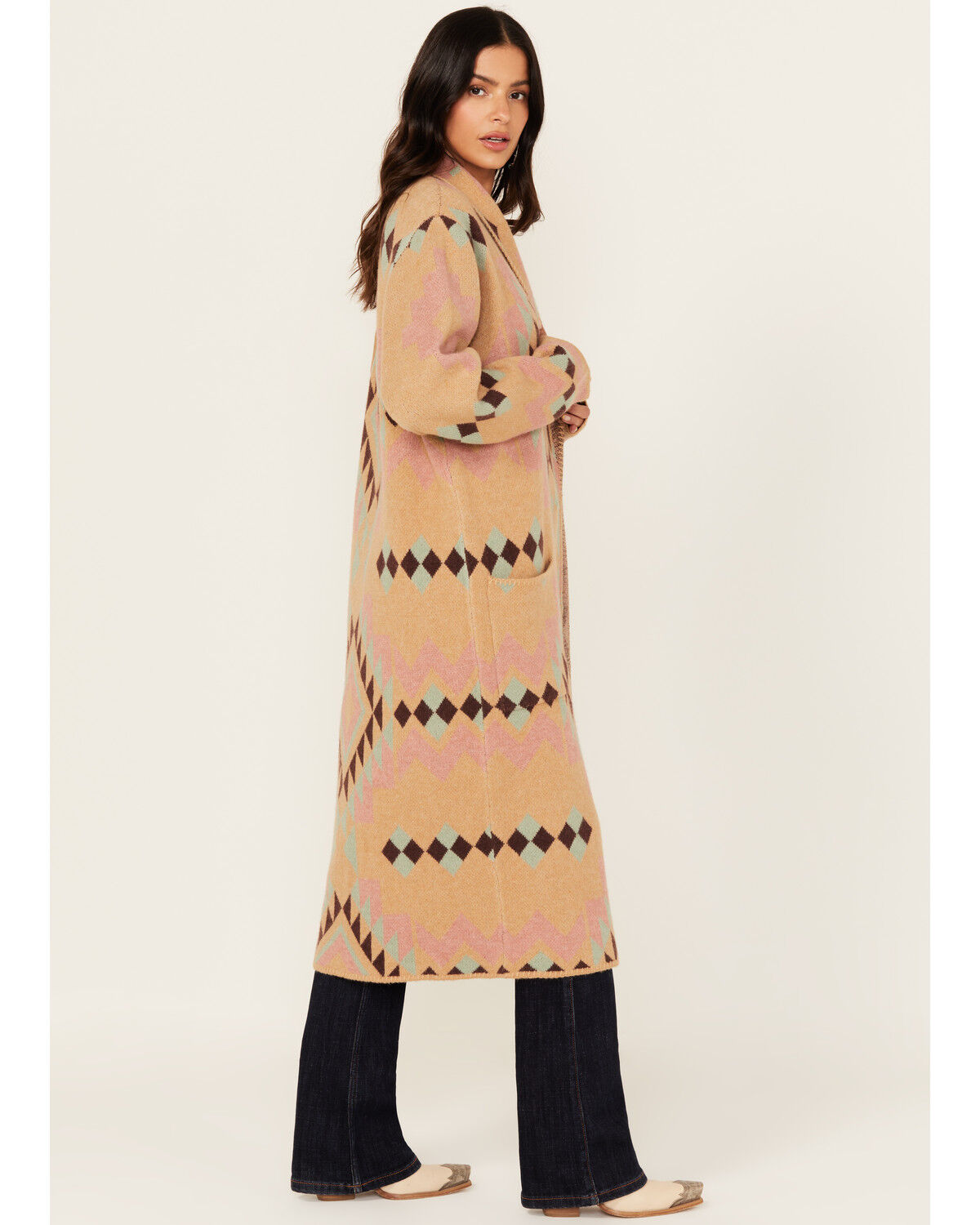 Image #1 - Ariat Women's Southwestern Geo Print Duster Sweater, Tan, hi-res