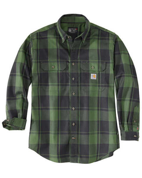 Image #1 - Carhartt Men's FR Force Rugged Flex® Plaid Print Long Sleeve Button-Down Western Work Shirt , Loden, hi-res