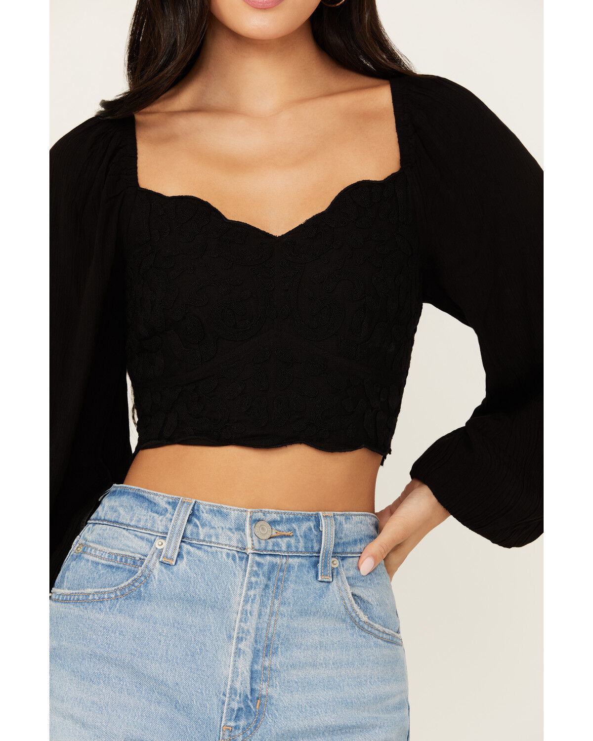 Image #3 - Shyanne Women's Embroidered Mesh Dot Poet Sleeve Crop Top, Black, hi-res