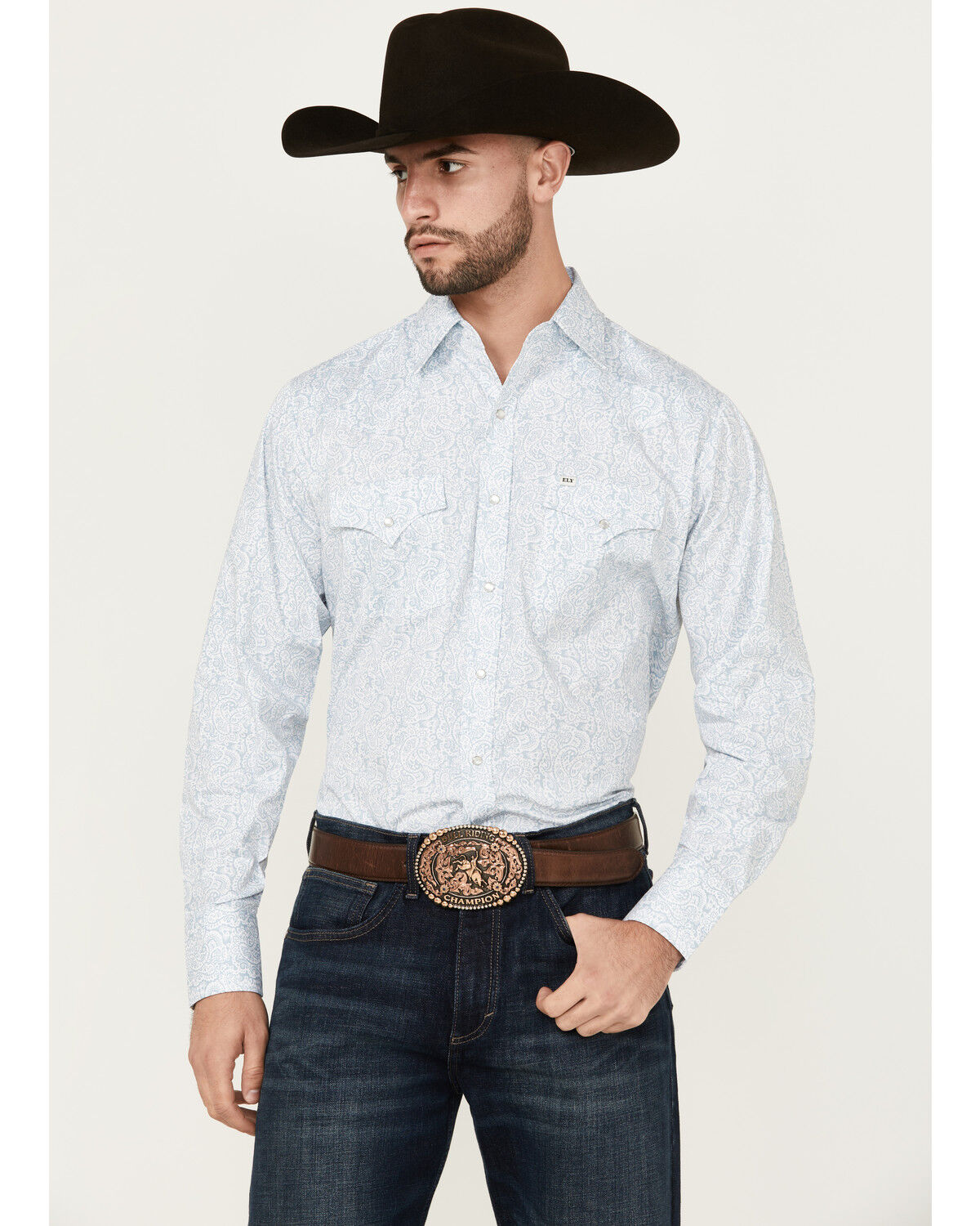 Image #1 - Ely Walker Men's Paisley Print Long Sleeve Snap Western Shirt, Light Blue, hi-res