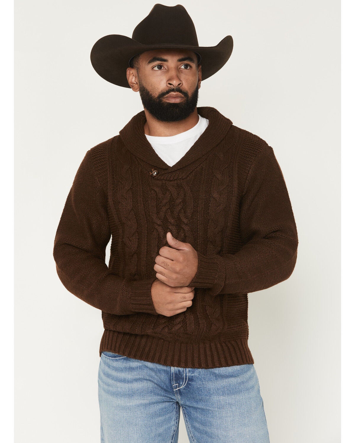 Cotton & Rye Men's Boot Barn Exclusive Solid Cable Knit Sweater, Dark Brown, hi-res