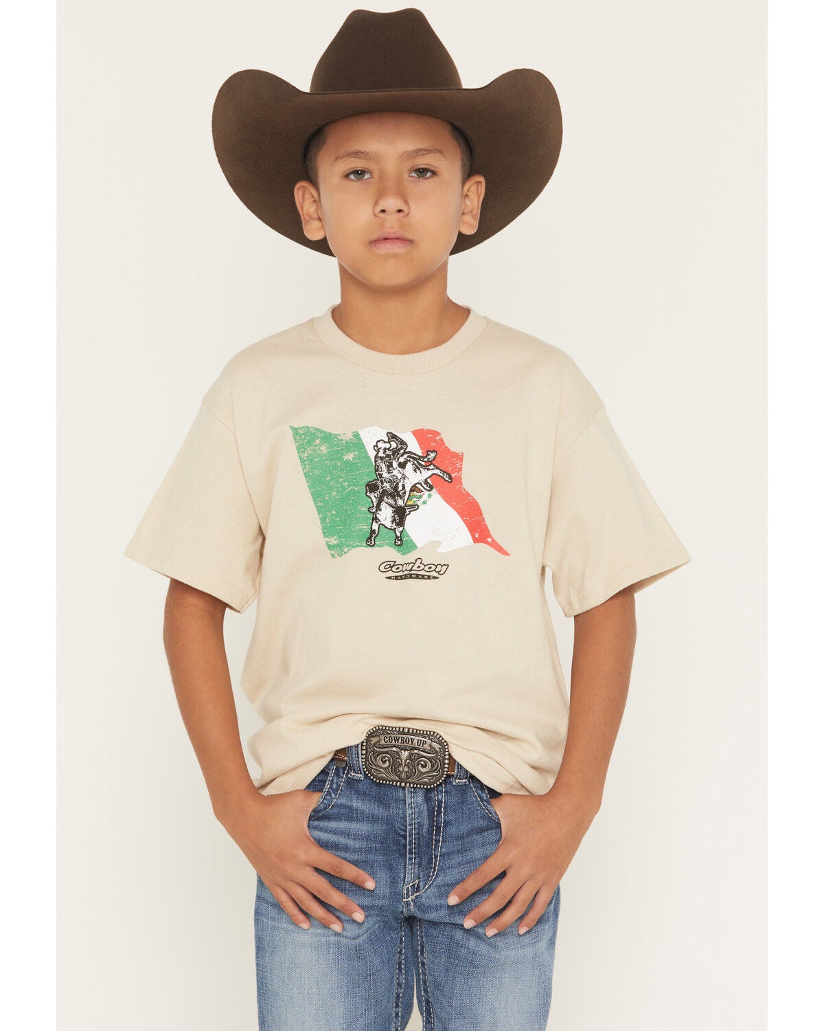 Cowboy Hardware Boys' Bullrider Mexican Flag Short Sleeve Graphic T-Shirt, Sand, hi-res