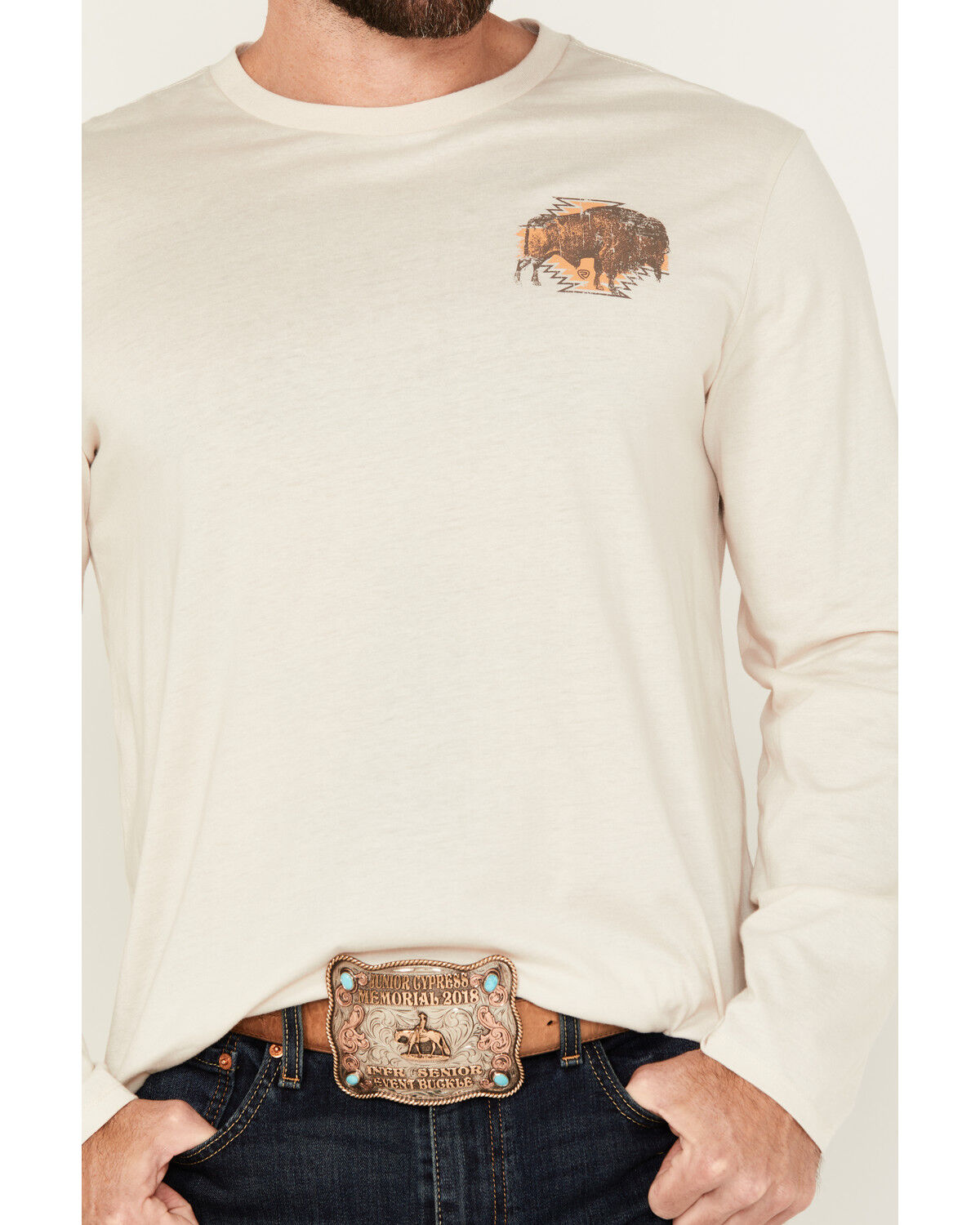 Image #3 - Rock & Roll Denim Men's Buffalo Long Sleeve Graphic T-Shirt, Natural, hi-res