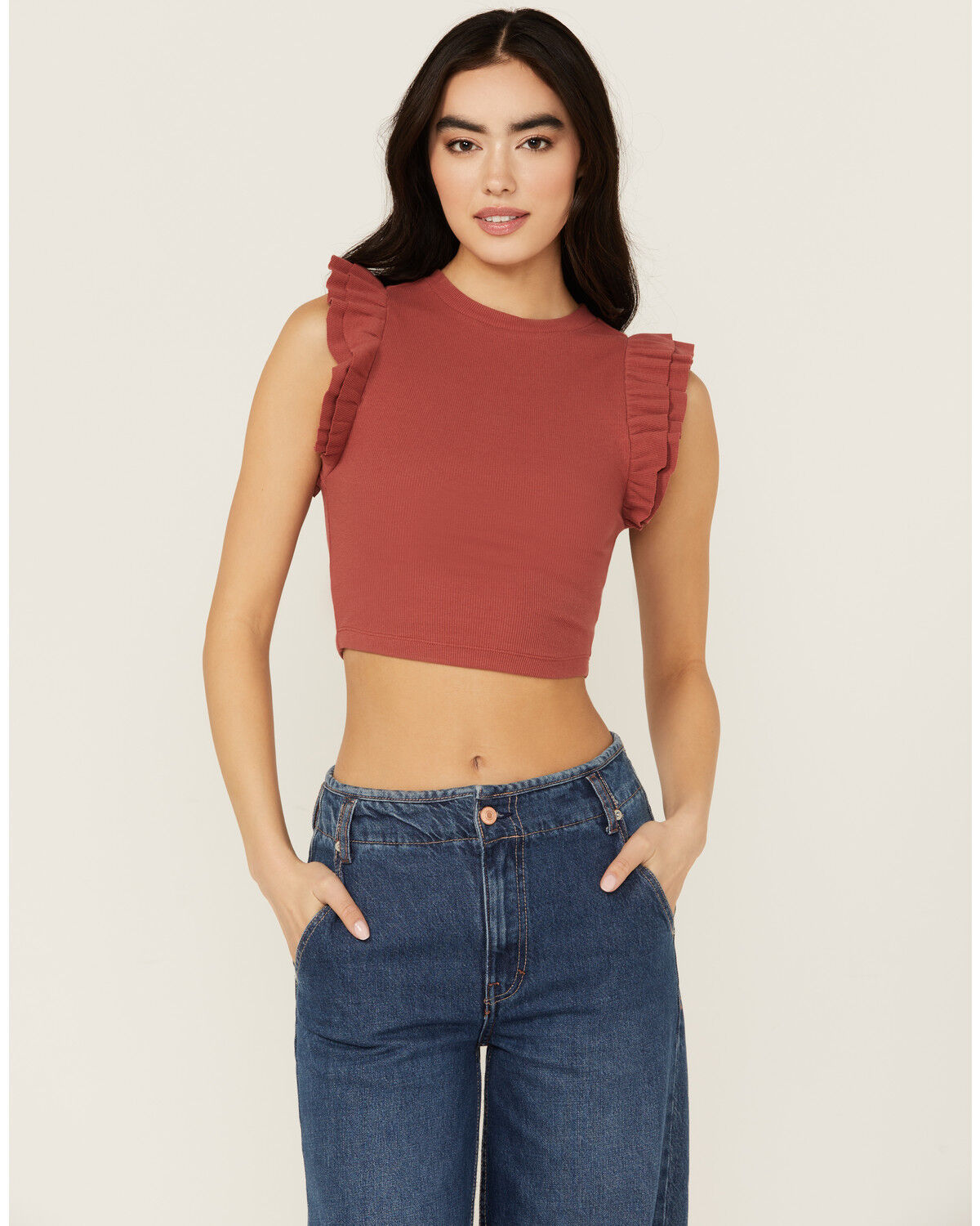 Image #2 - Shyanne Women's Ruffle Sleeve Ribbed Cropped Top, Rust Copper, hi-res