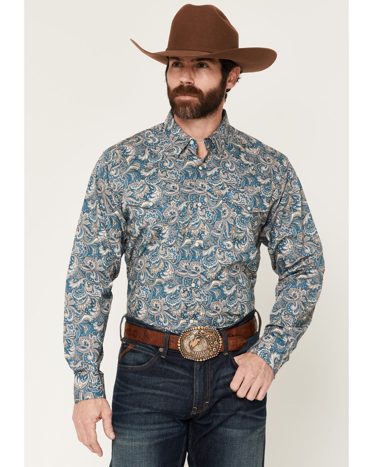 Ariat Men's Cedric Paisley Print Long Sleeve Snap Western Shirt, Blue, hi-res