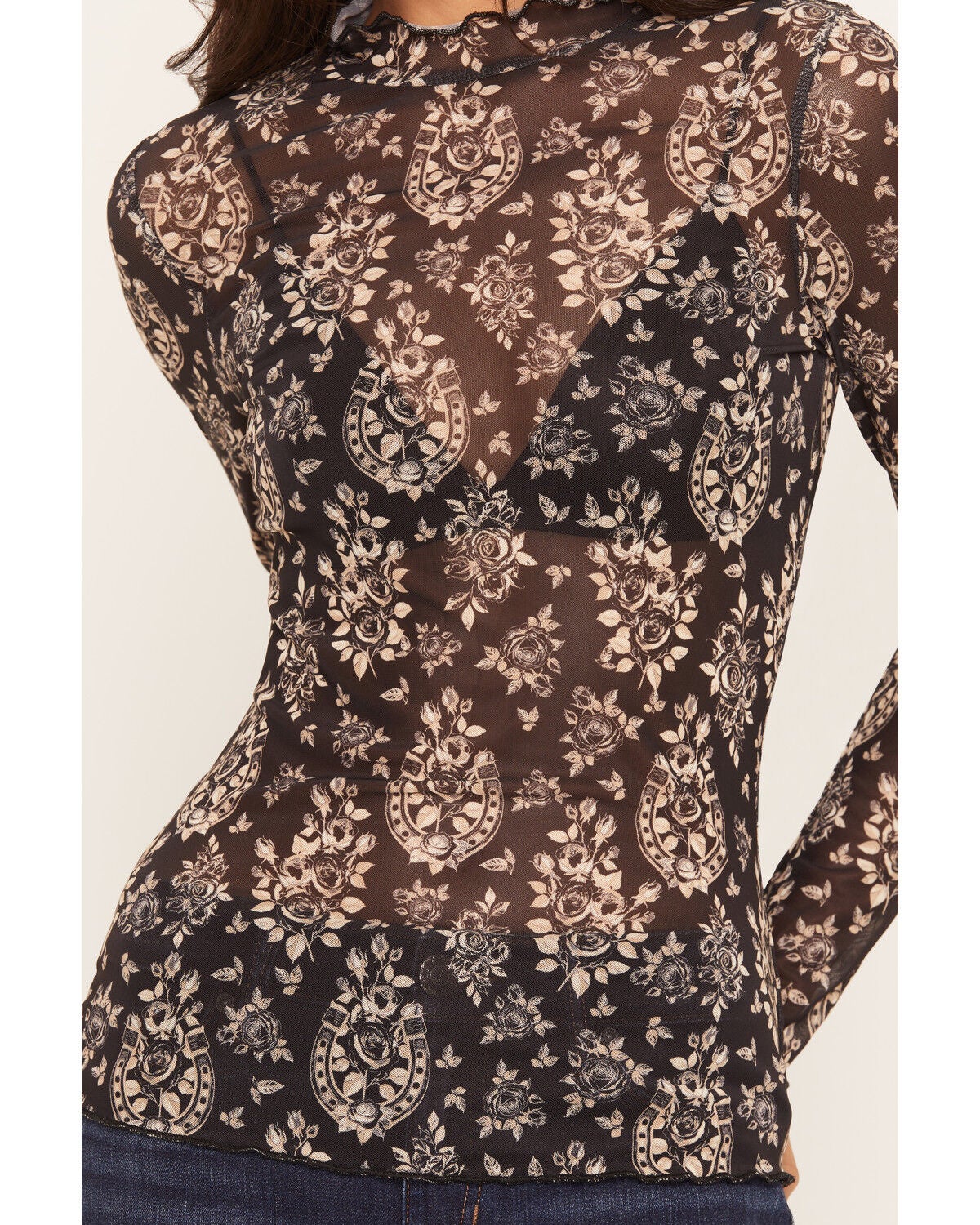 Image #3 - Wonderwest Women's Floral Horseshoe Print Long Sleeve Mesh Top, Black, hi-res