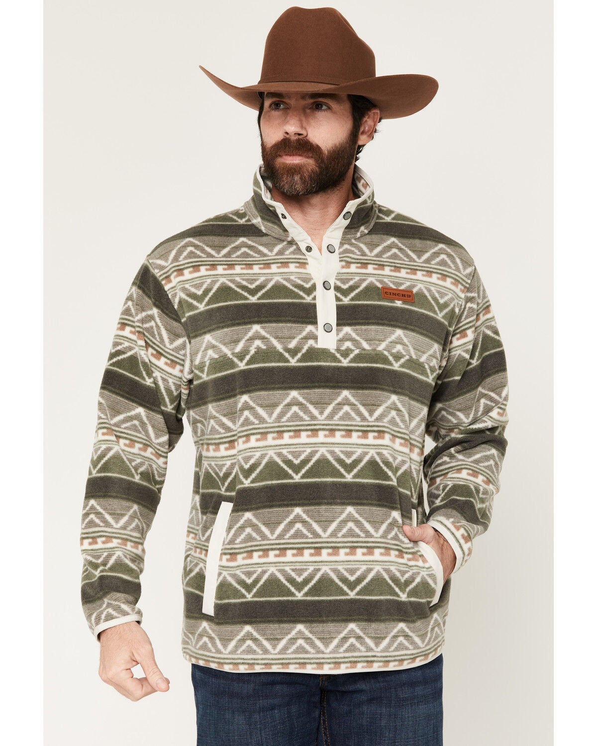 Cinch Men's Southwestern 1/4 Snap Pullover, Olive, hi-res
