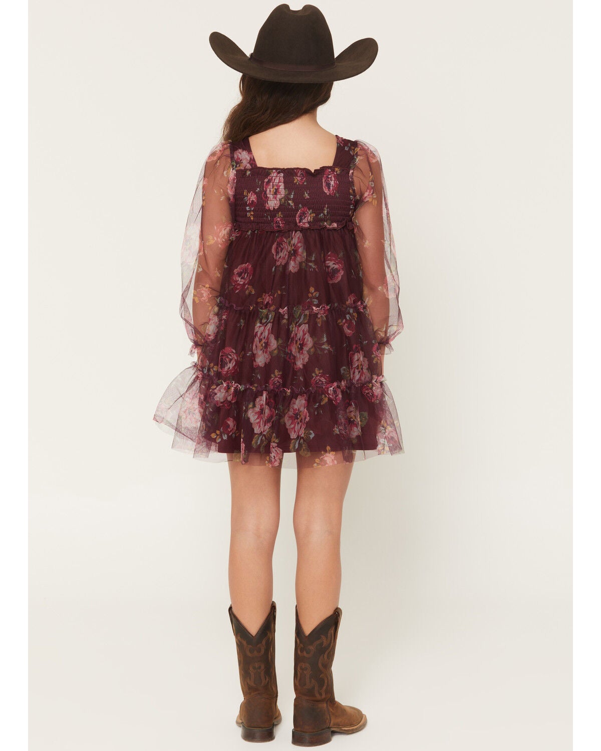 Image #4 - Sugar California Girls' Floral Print Long Sleeve Mesh Dress, Burgundy, hi-res