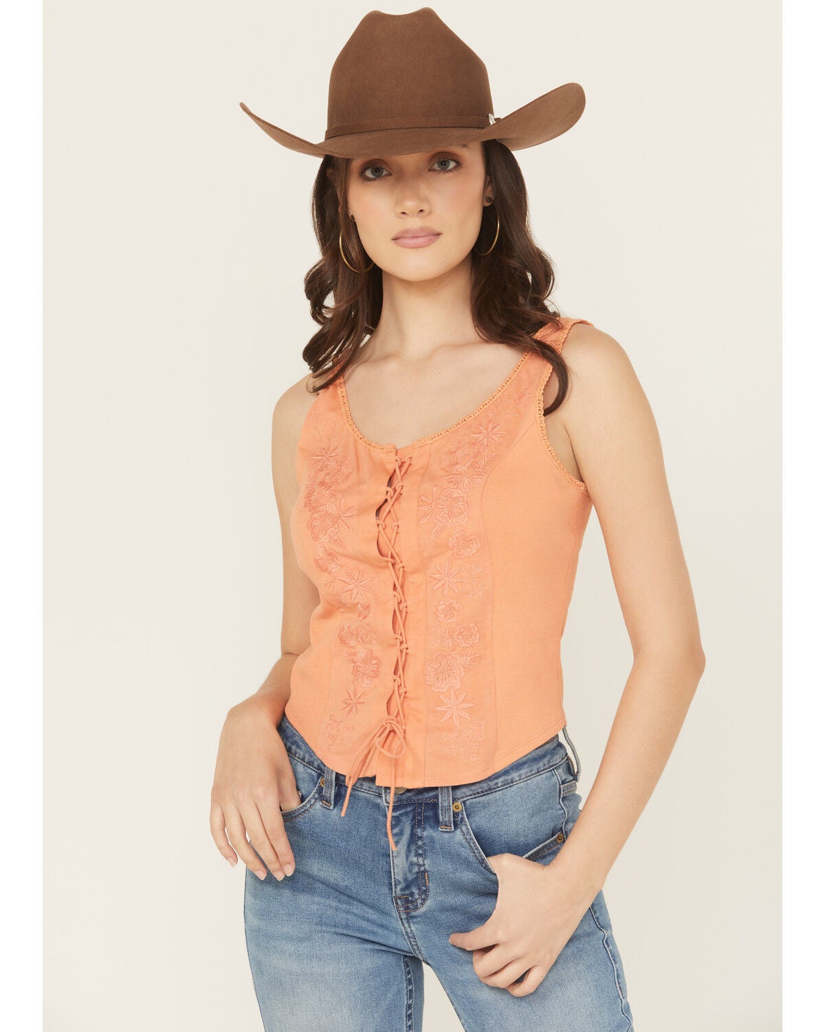 Rock & Roll Denim Women's Embroidered Corset Tank, Orange, hi-res