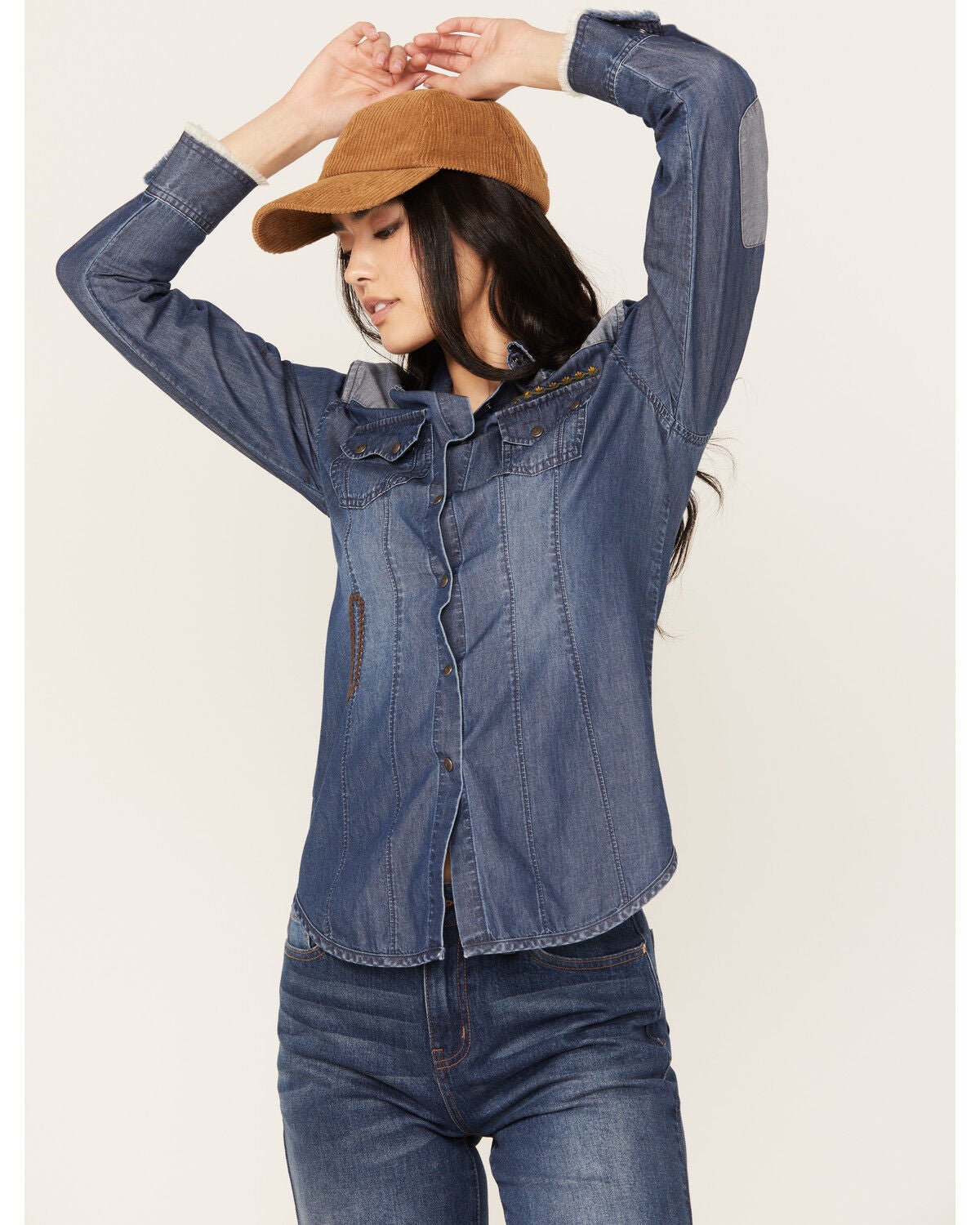 Cleo + Wolf Women's Blocked Embroidered Long Sleeve Denim Shirt, Indigo, hi-res