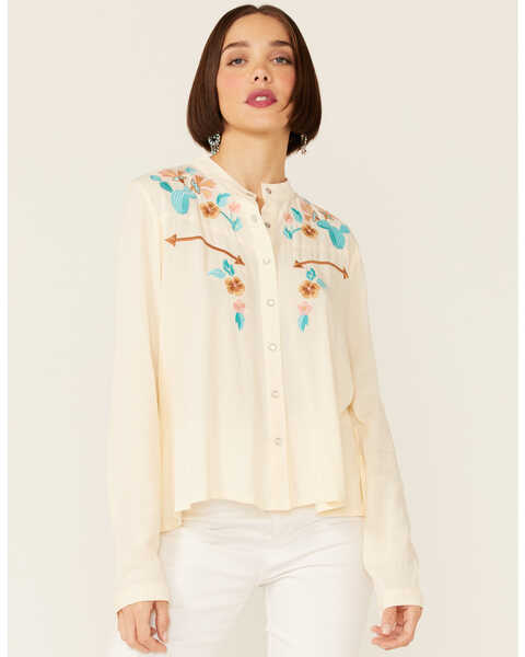 Image #1 - Stetson Women's Rayon Crepe Floral Embroidered Long Sleeve Pearl Snap Western Shirt , , hi-res